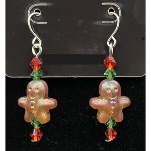 Handmade Glass Gingerbread Man Green & Red Crystal Earrings by Neanie-Bot